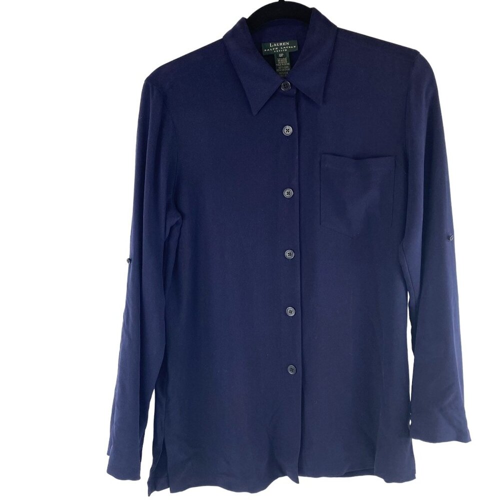 Lauren Ralph Lauren Womens 8P Button Tab Sleeve Old Money Classic Navy Silk Top